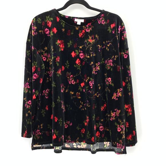 J.Jill Velvet Long Sleeve Top Womens Size PL Black Multicolor Floral Print - Picture 1 of 6